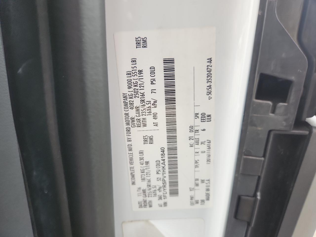 2017 Ford Transit T-250 VIN: 1FDYR5PV1HKA41840 Lot: 83993455