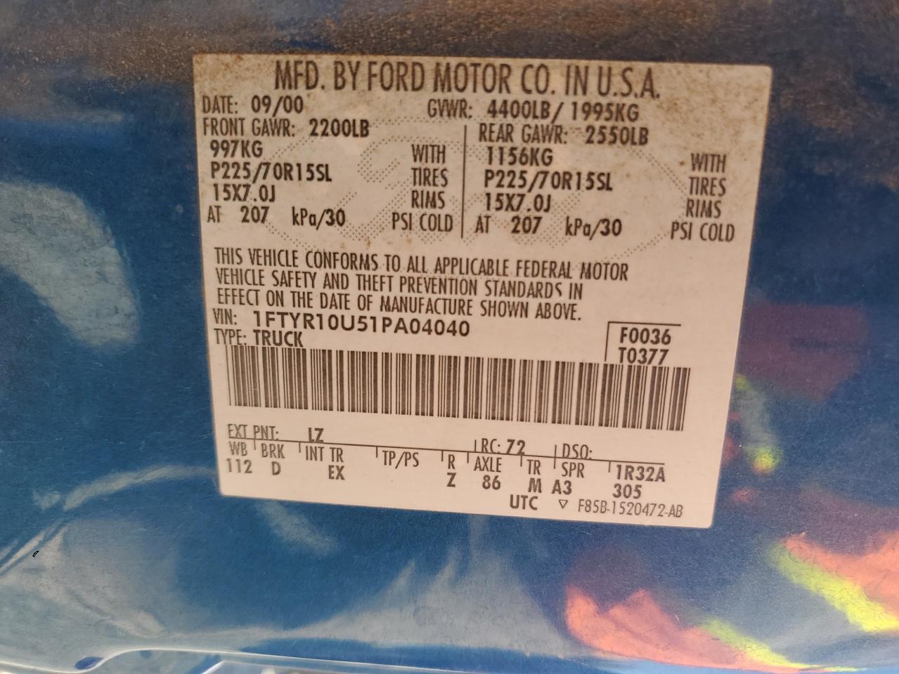 2001 Ford Ranger VIN: 1FTYR10U51PA04040 Lot: 80020595