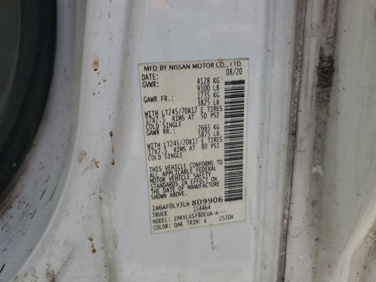 2020 Nissan Nv 2500 Sv VIN: 1N6AF0LY3LN809906 Lot: 71860235