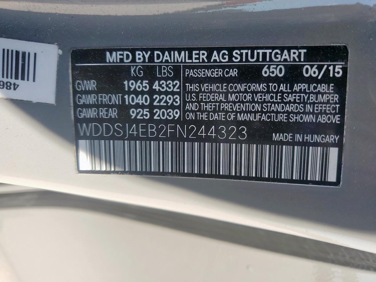 2015 Mercedes-Benz Cla 250 VIN: WDDSJ4EB2FN244323 Lot: 71271415