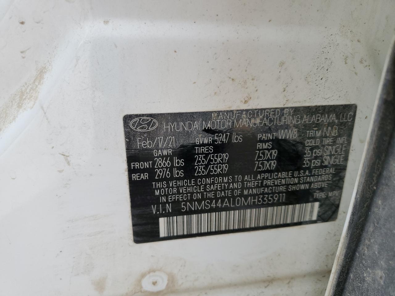 2021 Hyundai Santa Fe Limited VIN: 5NMS44AL0MH335911 Lot: 80178815