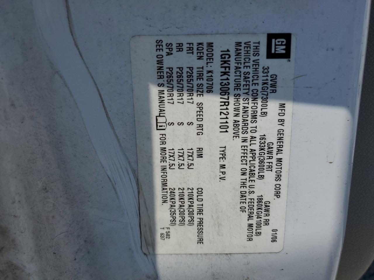 2007 GMC Yukon VIN: 1GKFK13067R121101 Lot: 80068415