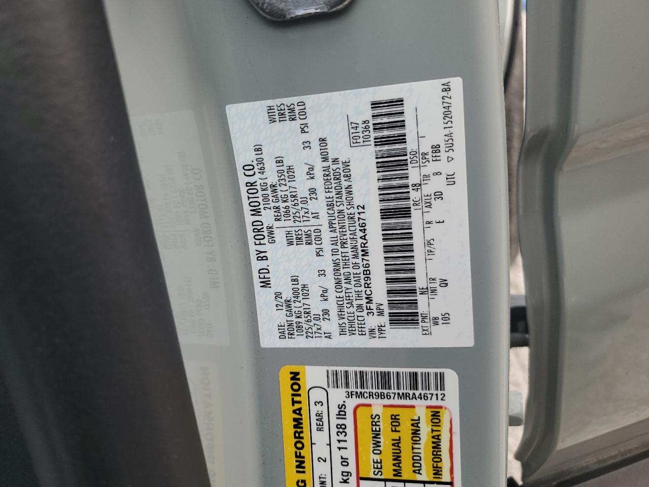2021 Ford Bronco Sport Big Bend VIN: 3FMCR9B67MRA46712 Lot: 80029895