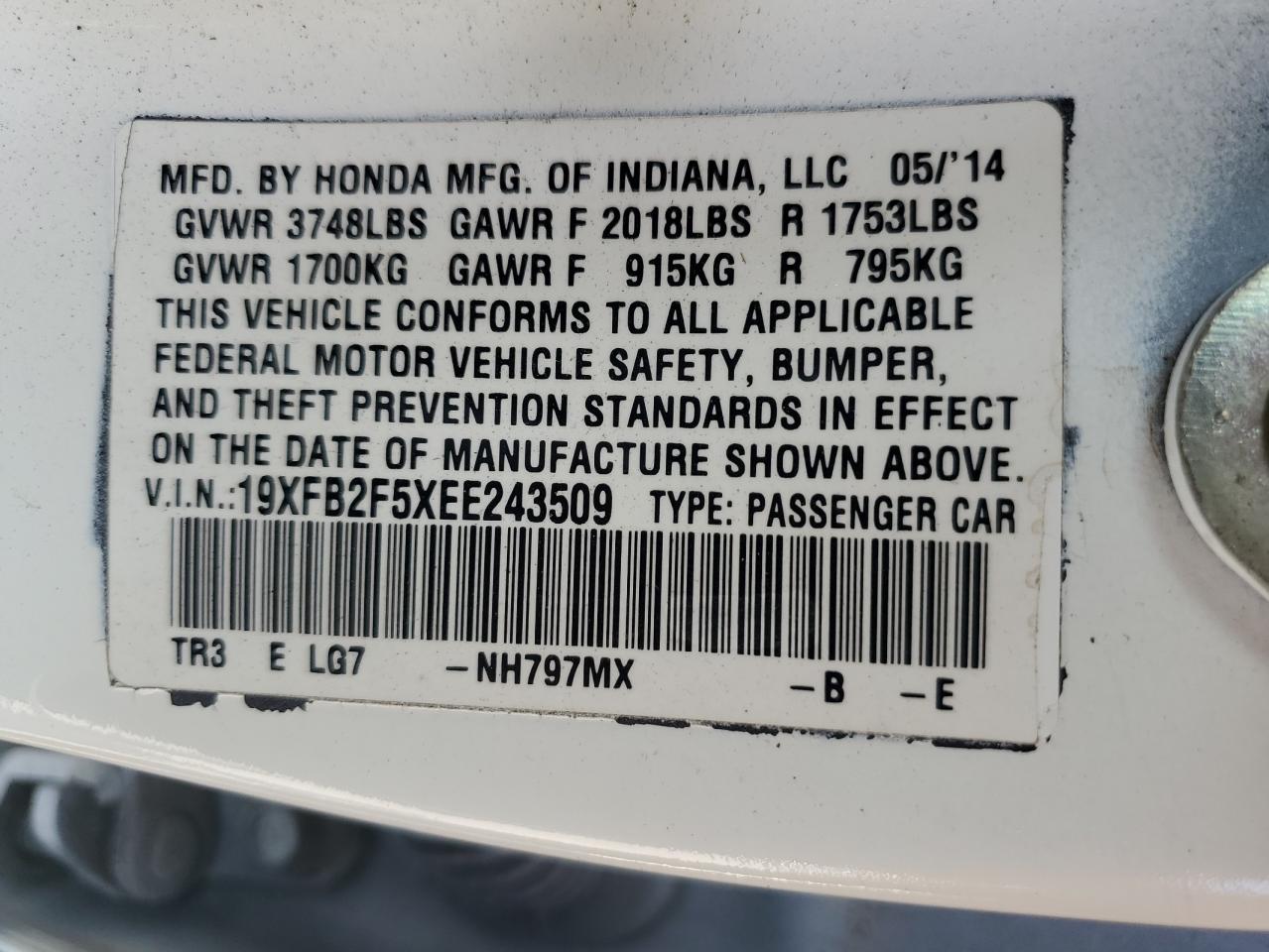 2014 Honda Civic Lx VIN: 19XFB2F5XEE243509 Lot: 84433315