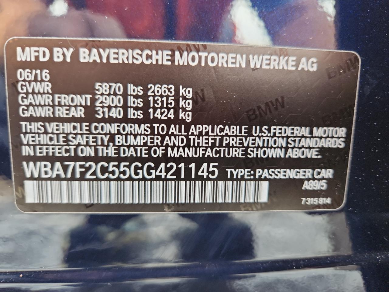 2016 BMW 750 Xi VIN: WBA7F2C55GG421145 Lot: 81150845