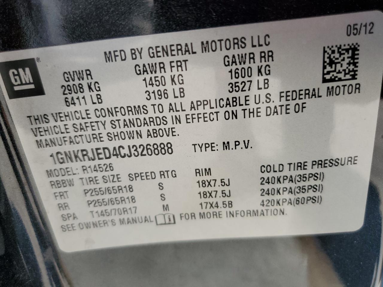 2012 Chevrolet Traverse Lt VIN: 1GNKRJED4CJ326888 Lot: 80485425