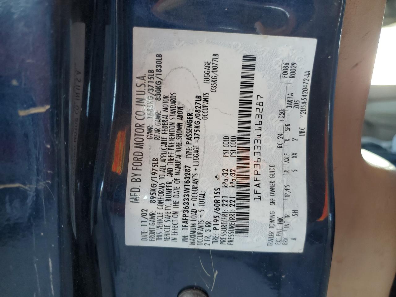 2003 Ford Focus Se VIN: 1FAFP36333W163287 Lot: 81643265