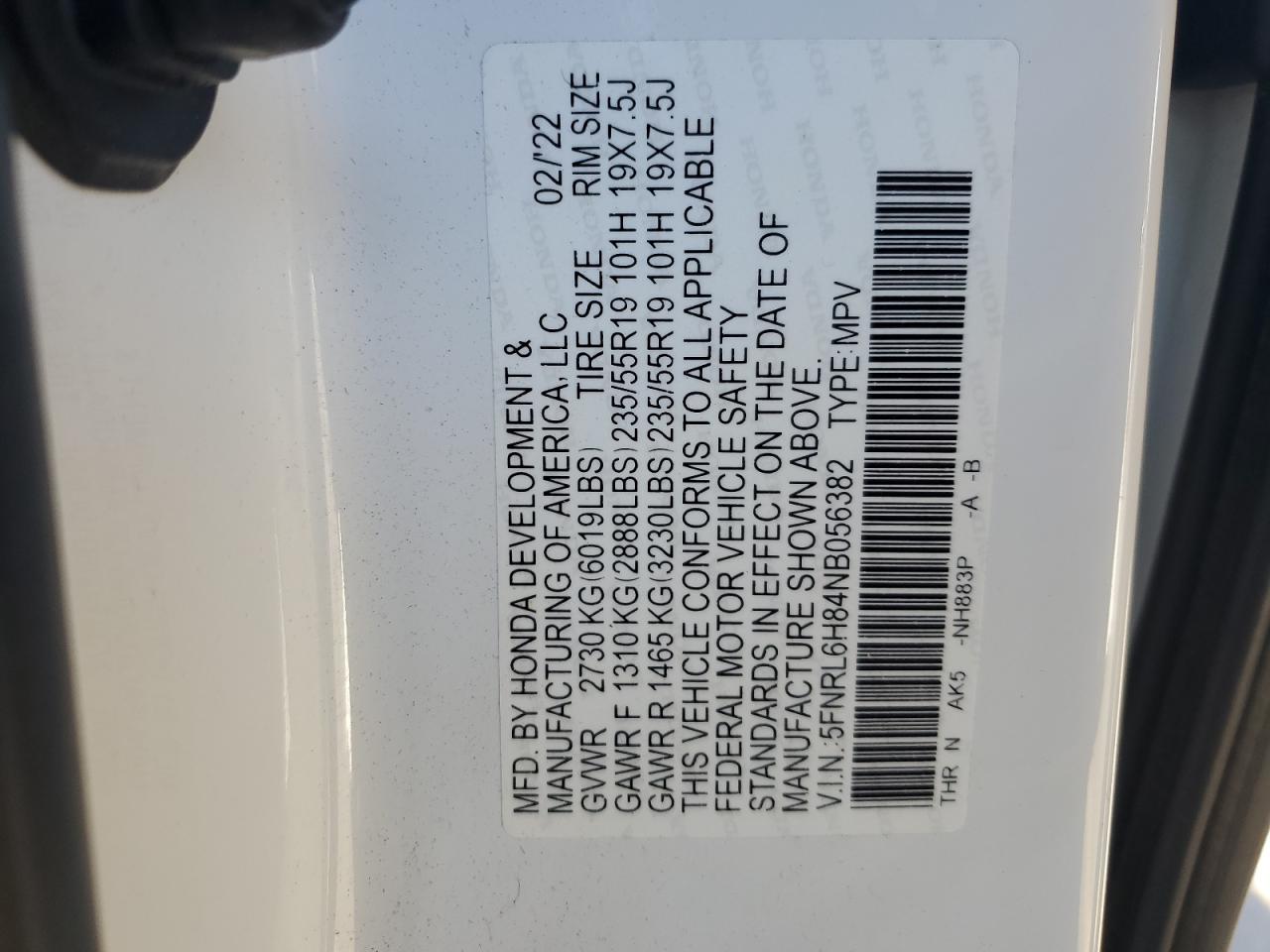 2022 Honda Odyssey Touring VIN: 5FNRL6H84NB056382 Lot: 80174815