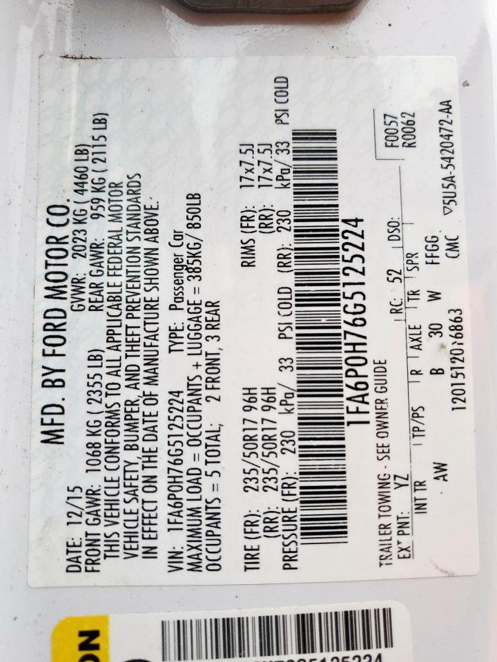 2016 Ford Fusion Se VIN: 1FA6P0H76G5125224 Lot: 81791915