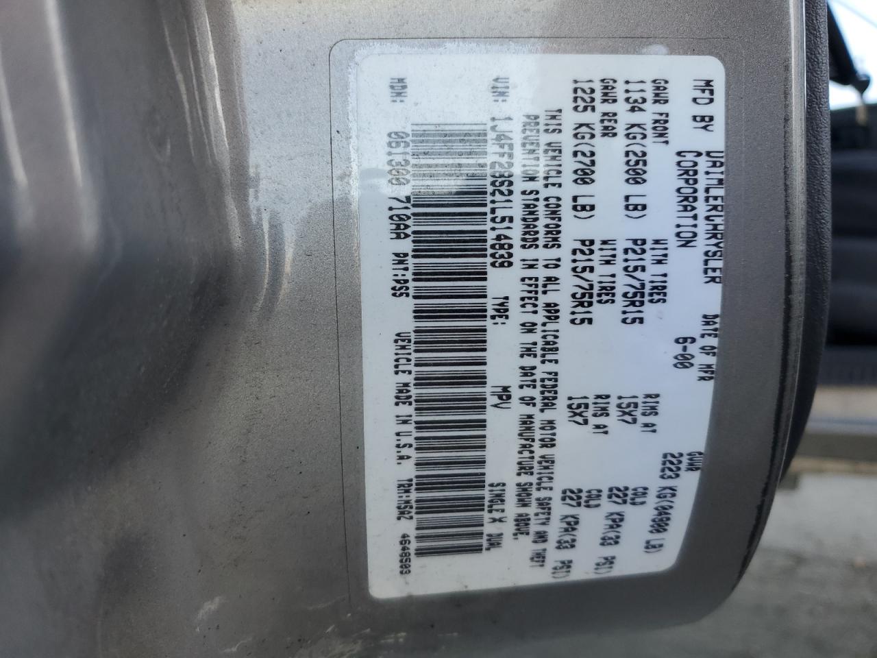 2001 Jeep Cherokee Se VIN: 1J4FF28S21L514839 Lot: 80865565