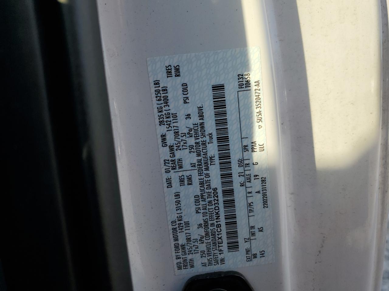 2022 Ford F150 Super Cab VIN: 1FTEX1CB1NKD32206 Lot: 81586365