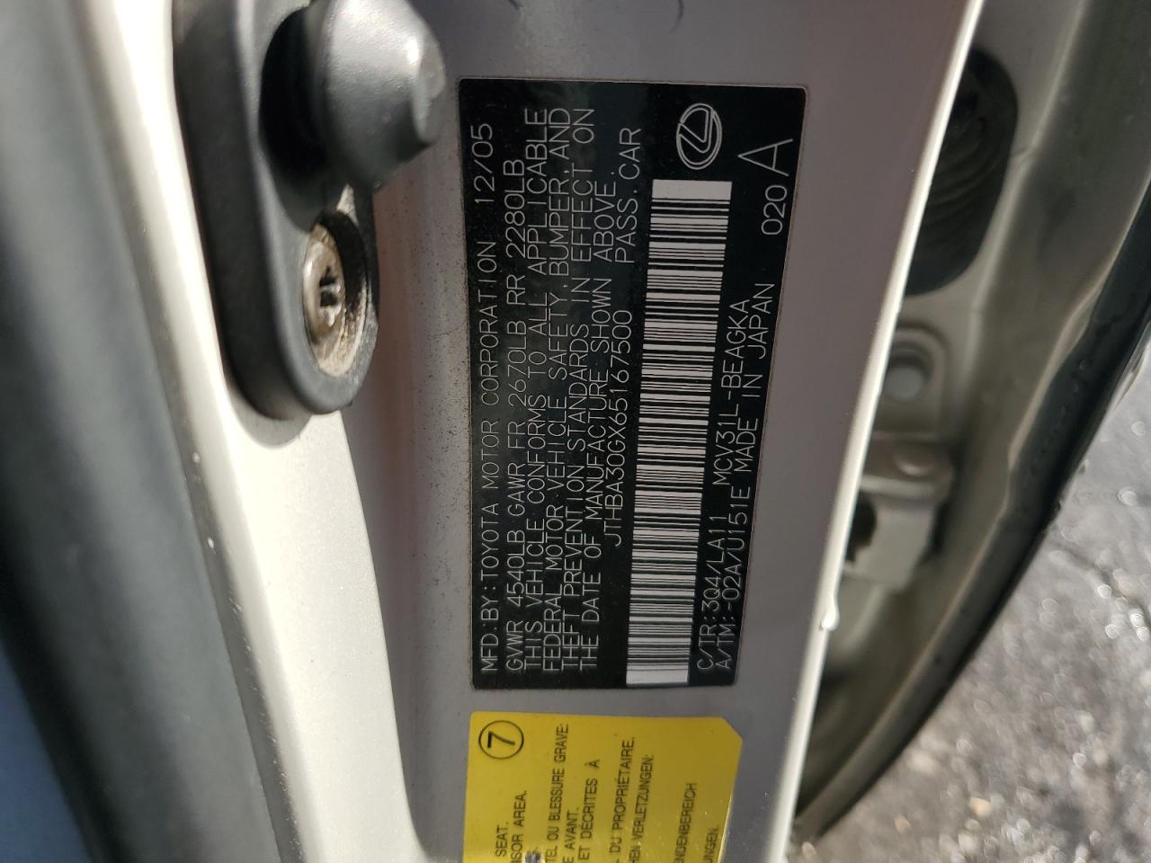 2006 Lexus Es 330 VIN: JTHBA30GX65167500 Lot: 71845885