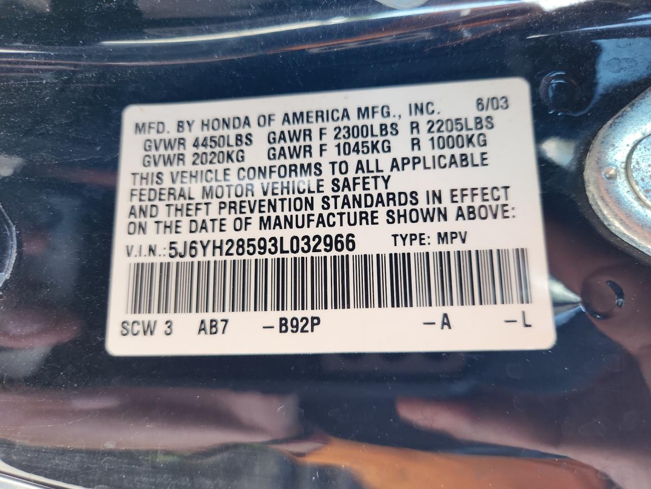 2003 Honda Element Ex VIN: 5J6YH28593L032966 Lot: 70944545