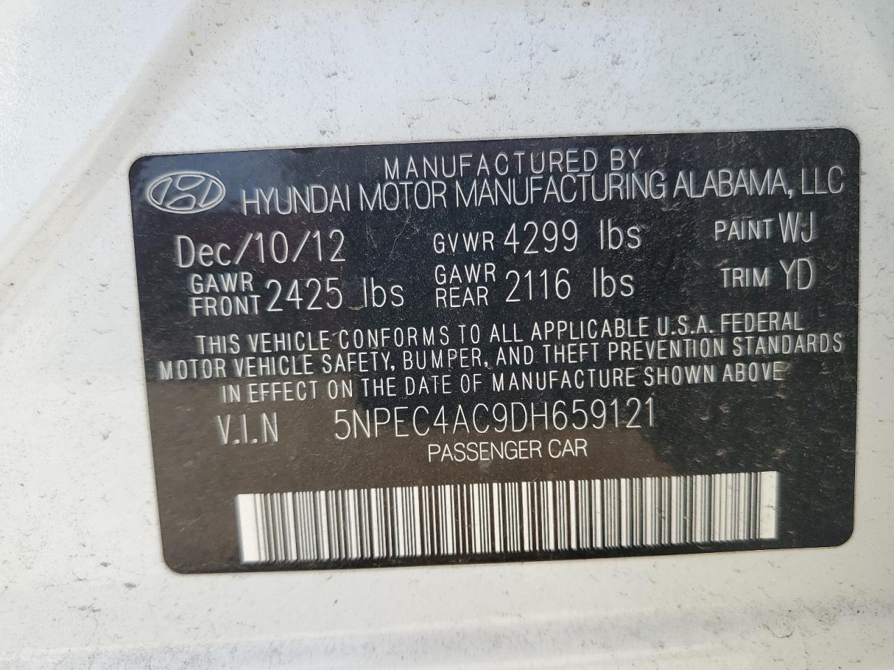 2013 Hyundai Sonata Se VIN: 5NPEC4AC9DH659121 Lot: 80671415