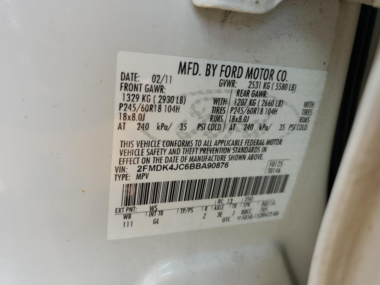2011 Ford Edge Sel VIN: 2FMDK4JC6BBA90876 Lot: 81271405