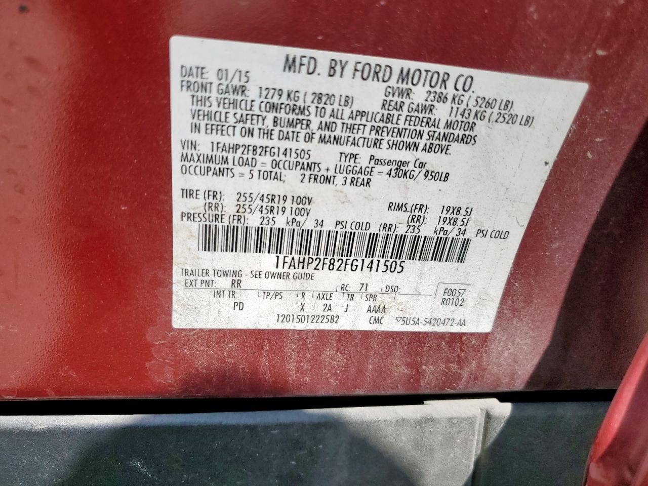 2015 Ford Taurus Limited VIN: 1FAHP2F82FG141505 Lot: 80749415