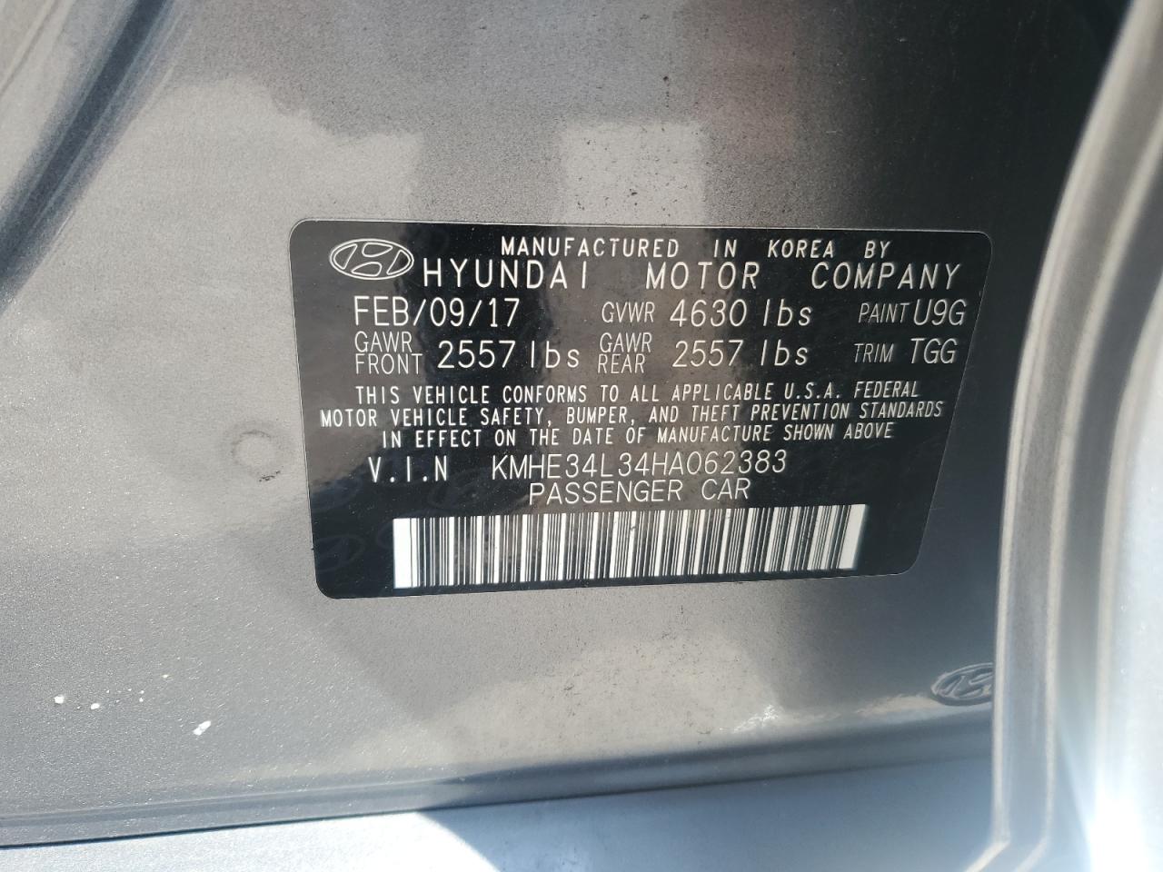 2017 Hyundai Sonata Hybrid VIN: KMHE34L34HA062383 Lot: 81419565