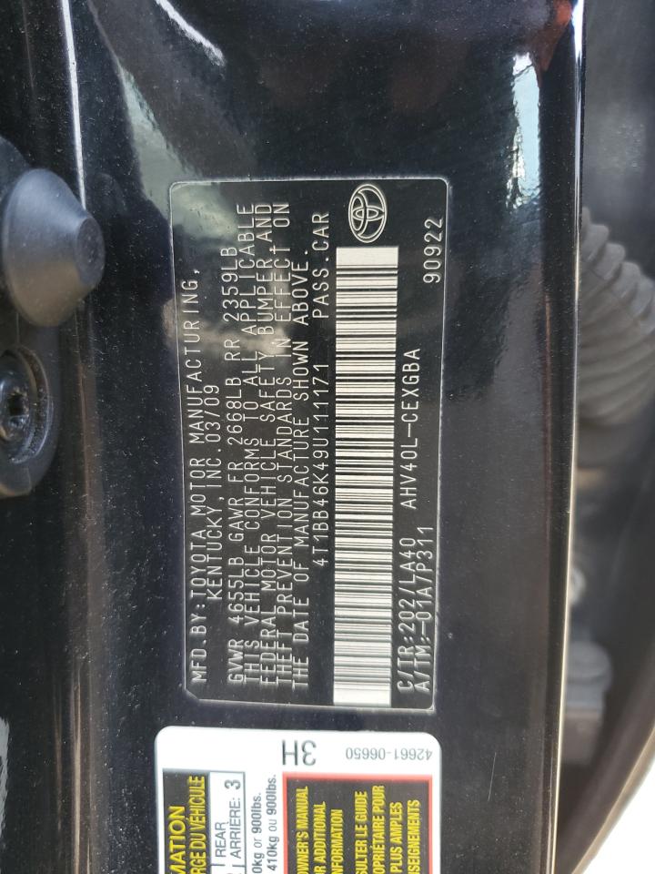 2009 Toyota Camry Hybrid VIN: 4T1BB46K49U111171 Lot: 80739105