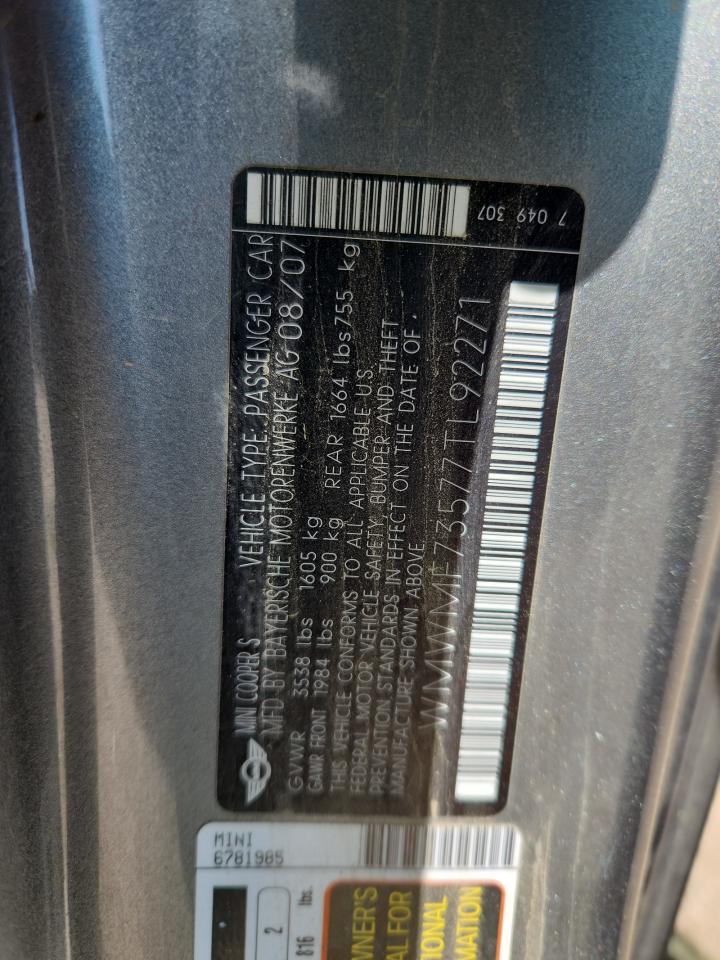 2007 Mini Cooper S VIN: WMWMF73577TL92271 Lot: 80575145