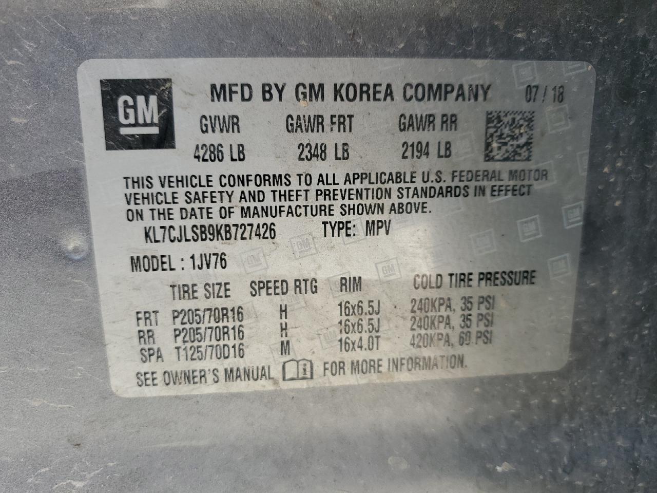 2019 Chevrolet Trax 1Lt VIN: KL7CJLSB9KB727426 Lot: 80674175