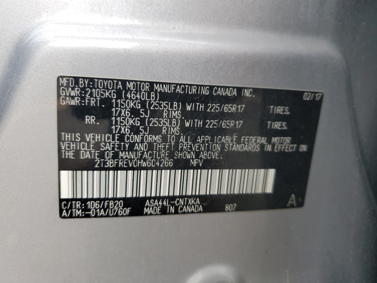 2017 Toyota Rav4 Le VIN: 2T3BFREV0HW604266 Lot: 81870805