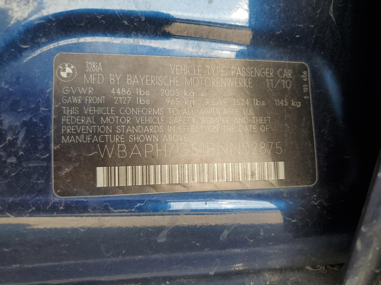 2011 BMW 328 I VIN: WBAPH7G51BNN02875 Lot: 71046565