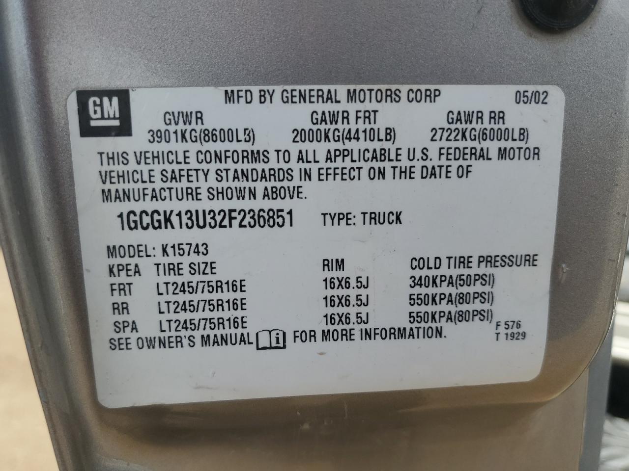 2002 Chevrolet Silverado K1500 Heavy Duty VIN: 1GCGK13U32F236851 Lot: 81763005