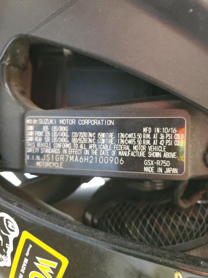 2017 Suzuki Gsx-R750 VIN: JS1GR7MA6H2100906 Lot: 80035365
