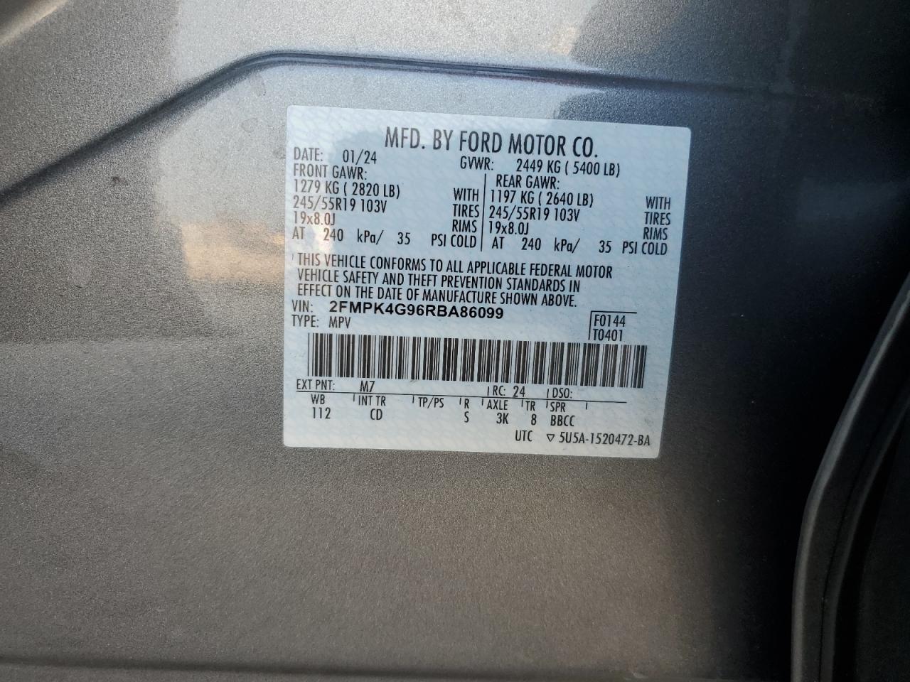 2024 Ford Edge Se VIN: 2FMPK4G96RBA86099 Lot: 81450325