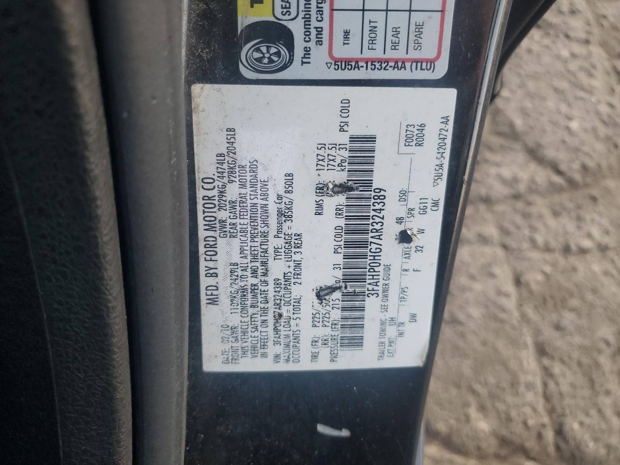 2010 Ford Fusion Se VIN: 3FAHP0HG7AR324389 Lot: 80615195