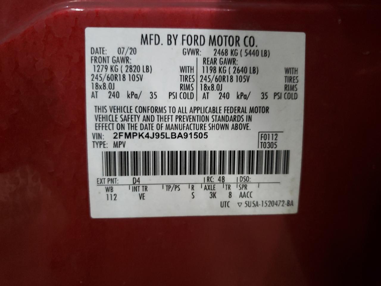 2020 Ford Edge Sel VIN: 2FMPK4J95LBA91505 Lot: 84017925