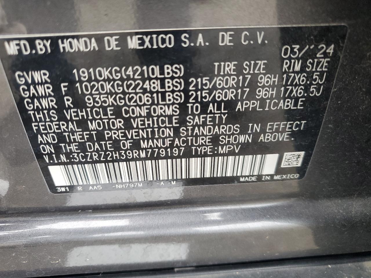 2024 Honda Hr-V Lx VIN: 3CZRZ2H39RM779197 Lot: 84828665