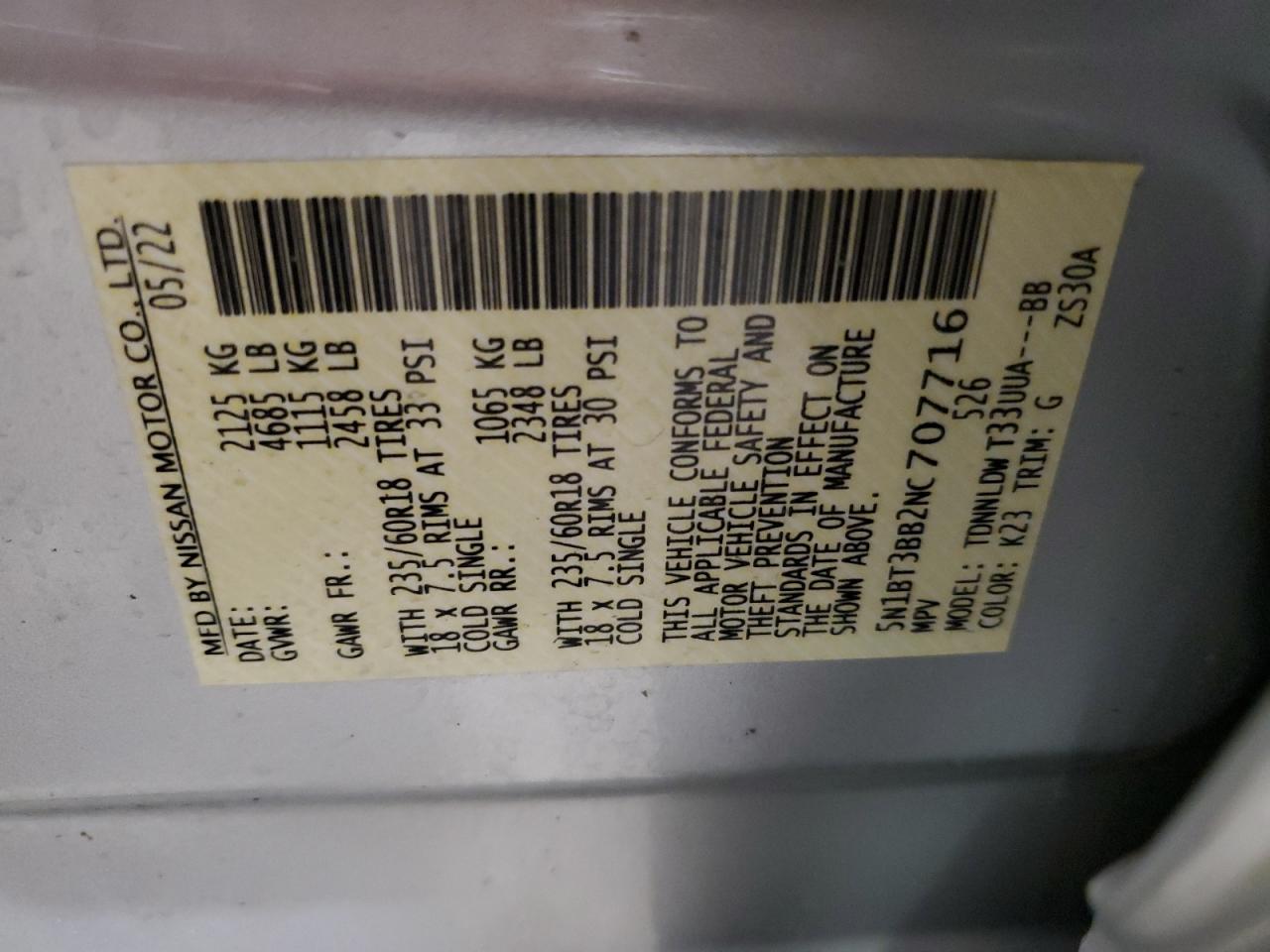 2022 Nissan Rogue Sv VIN: 5N1BT3BB2NC707716 Lot: 84028765