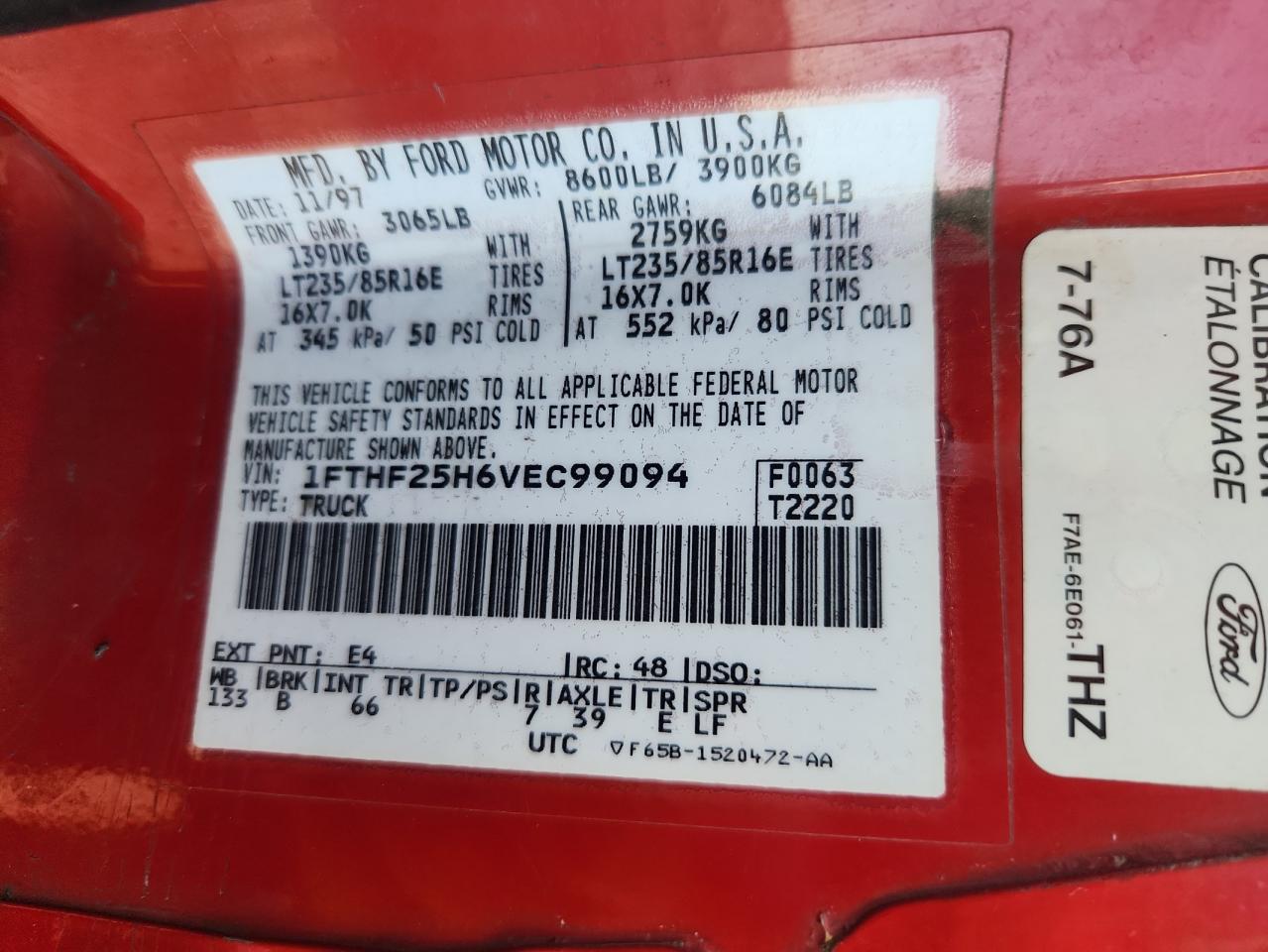1997 Ford F250 VIN: 1FTHF25H6VEC99094 Lot: 81825695