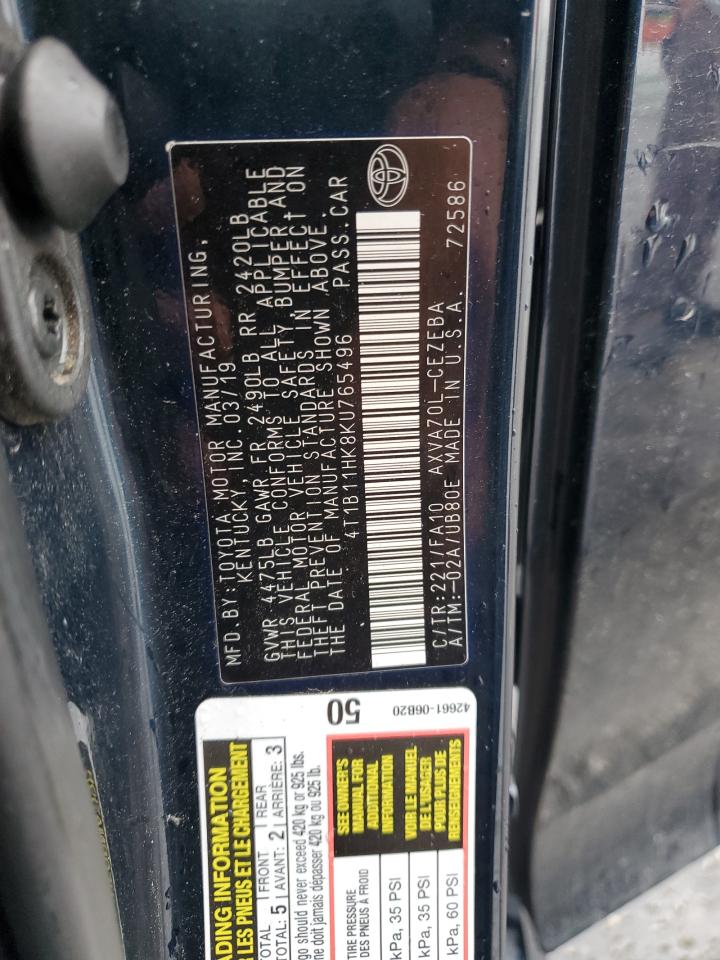 2019 Toyota Camry L VIN: 4T1B11HK8KU765496 Lot: 84830385