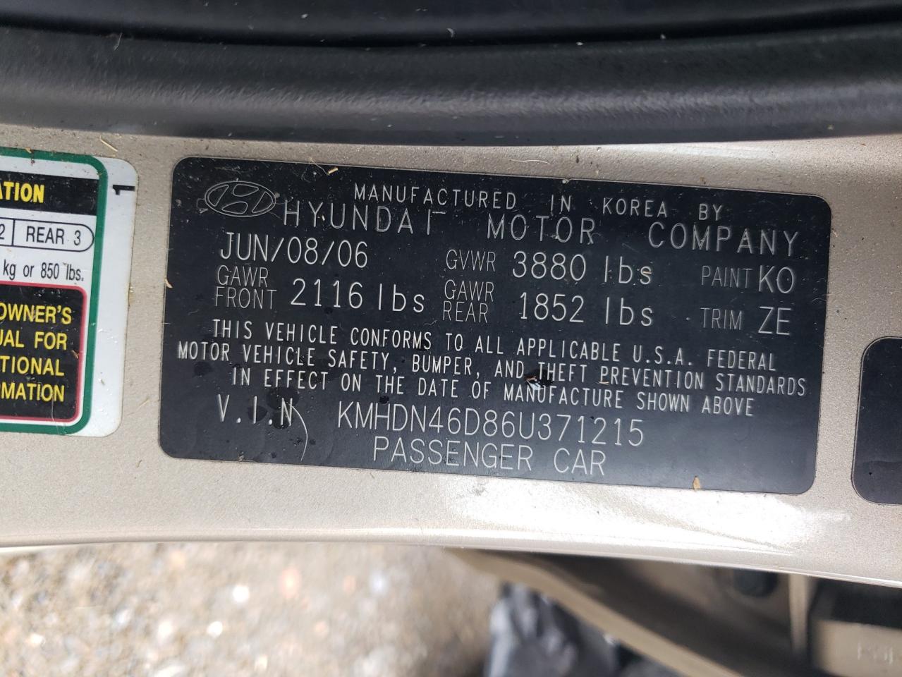 2006 Hyundai Elantra Gls VIN: KMHDN46D86U371215 Lot: 81790195