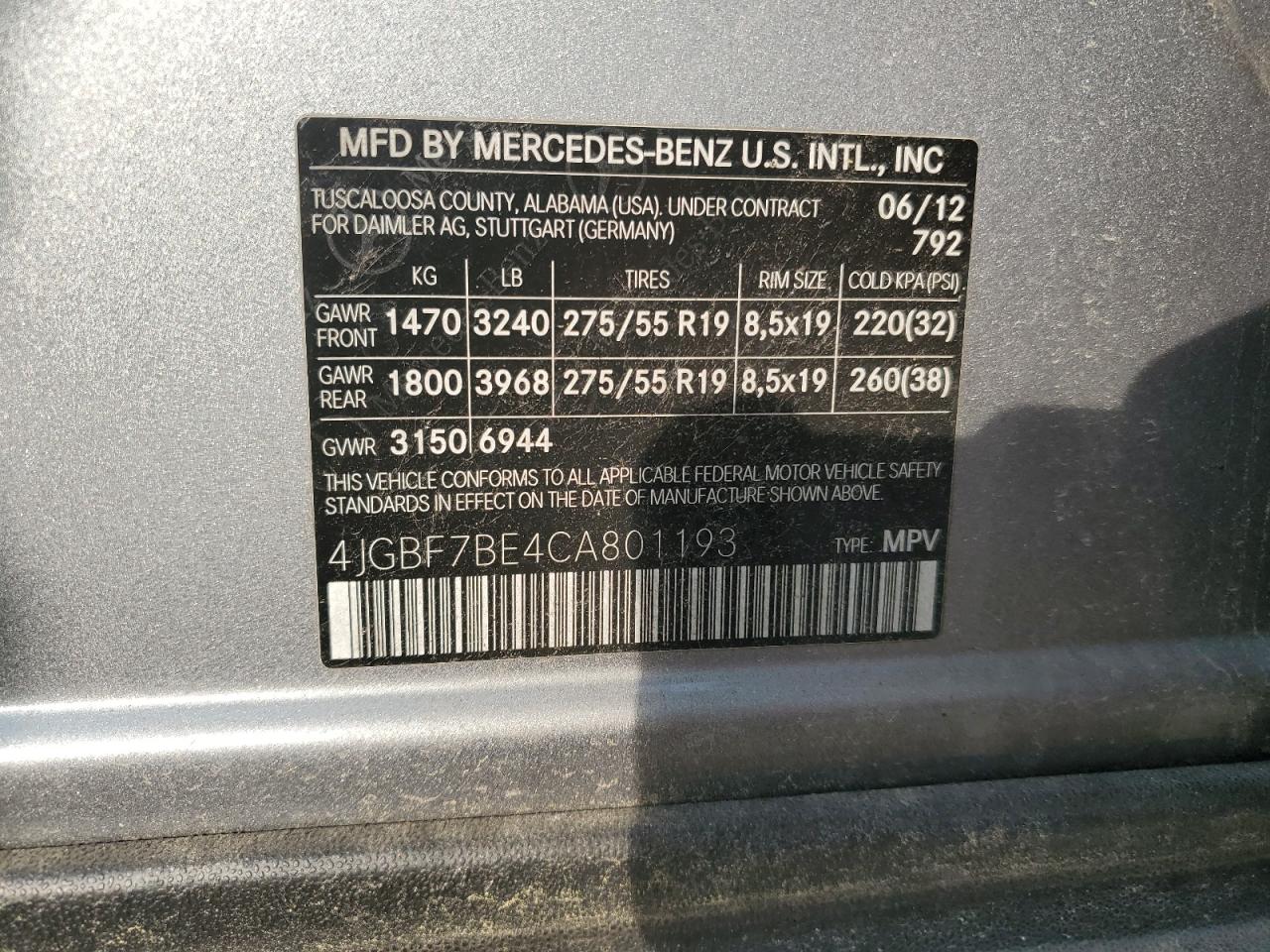 2012 Mercedes-Benz Gl 450 4Matic VIN: 4JGBF7BE4CA801193 Lot: 72071535