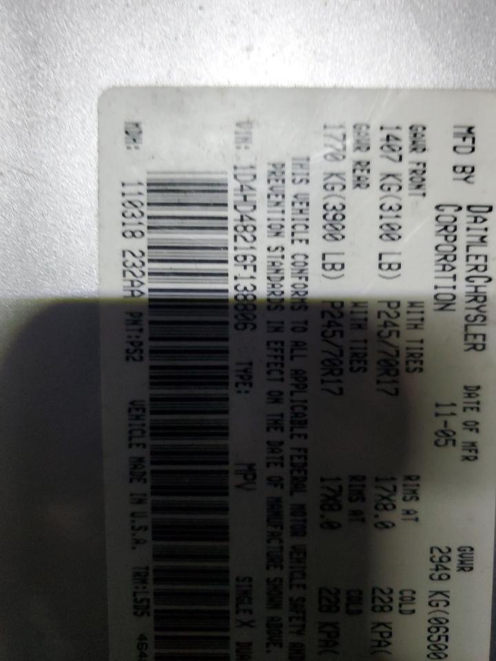 2006 Dodge Durango Slt VIN: 1D4HD48216F138806 Lot: 80929775