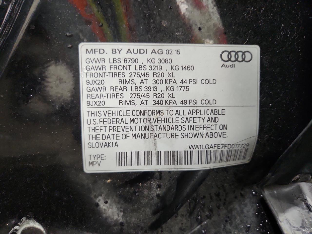 2015 Audi Q7 Premium Plus VIN: WA1LGAFE7FD017729 Lot: 84206885