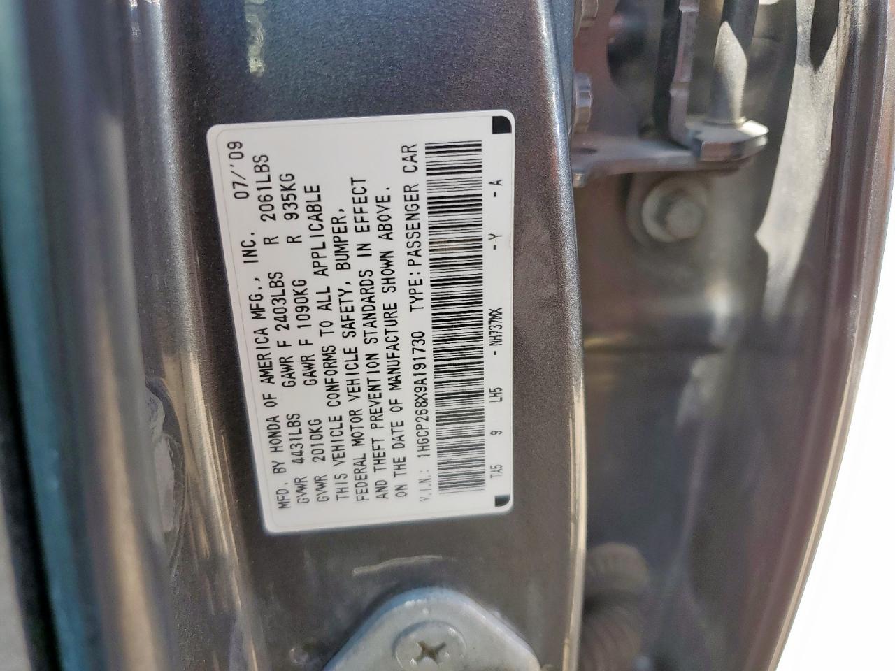 2009 Honda Accord Exl VIN: 1HGCP268X9A191730 Lot: 80461415