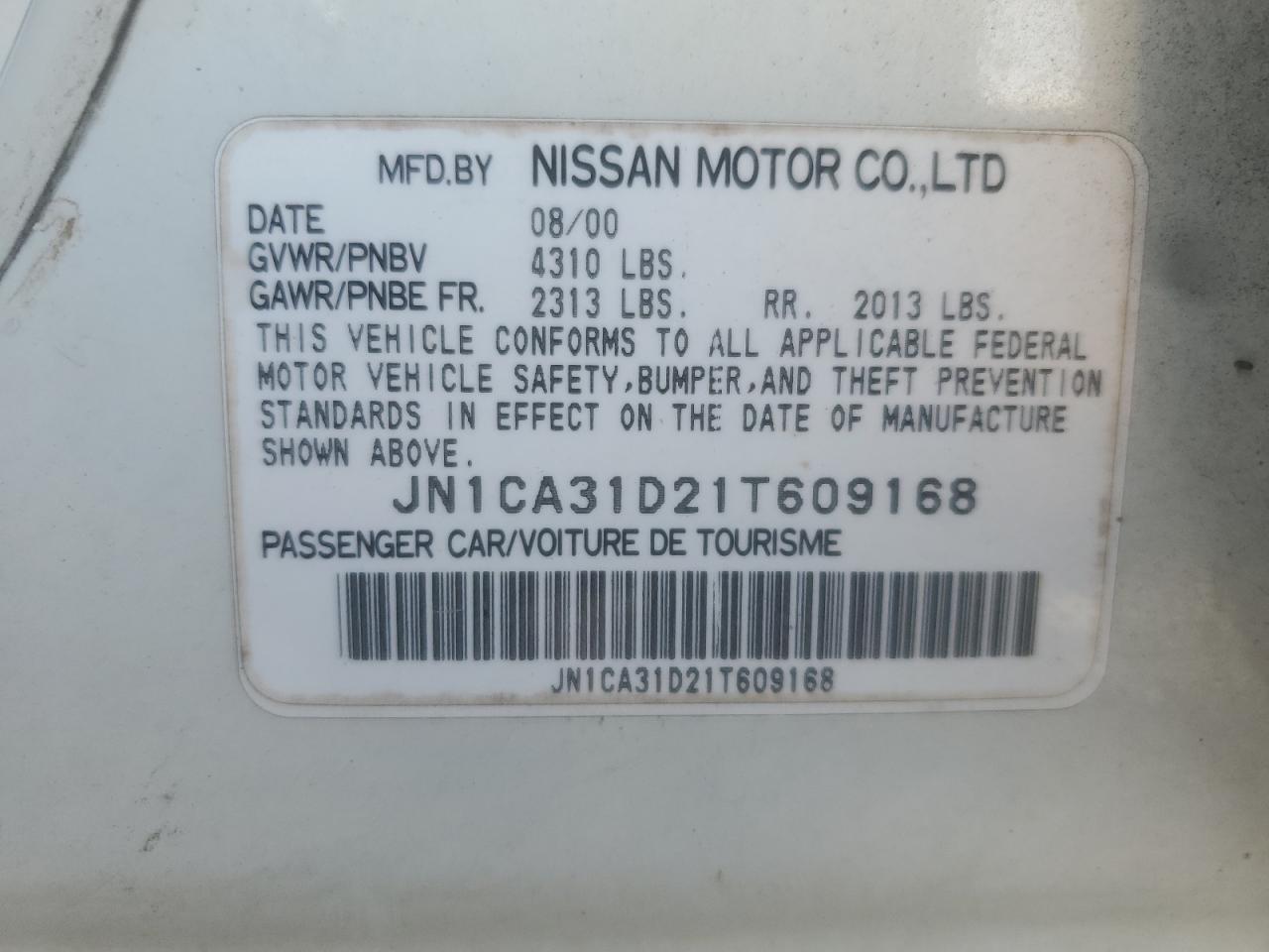 2001 Nissan Maxima Gxe VIN: JN1CA31D21T609168 Lot: 84615425