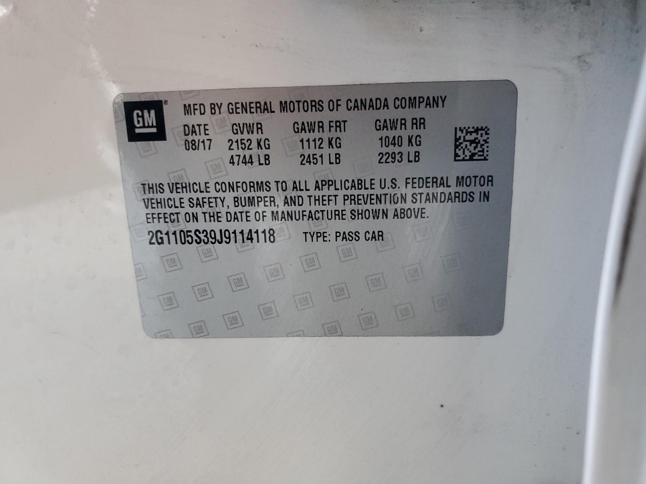 2018 Chevrolet Impala Lt VIN: 2G1105S39J9114118 Lot: 81459795