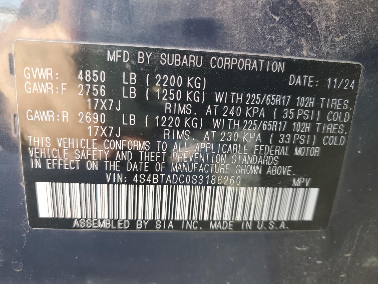2025 Subaru Outback Premium VIN: 4S4BTADC0S3186260 Lot: 80369535