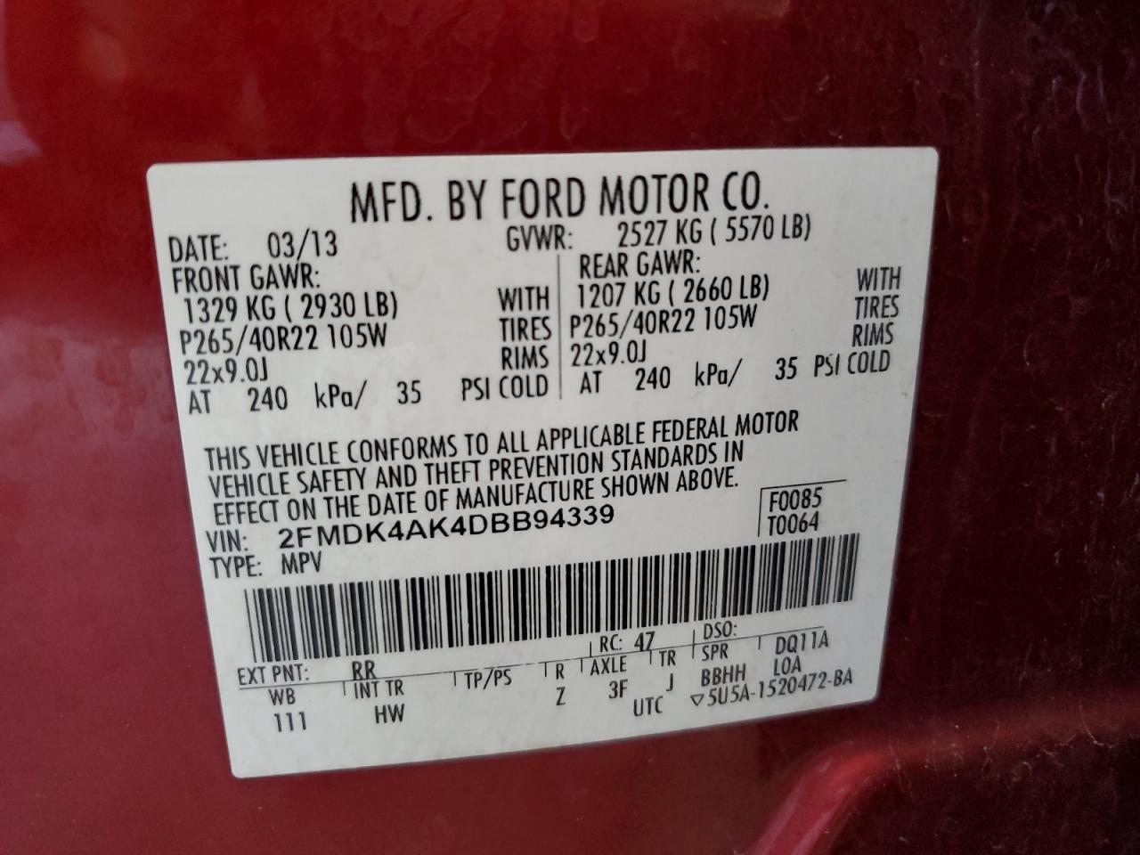 2013 Ford Edge Sport VIN: 2FMDK4AK4DBB94339 Lot: 81896985