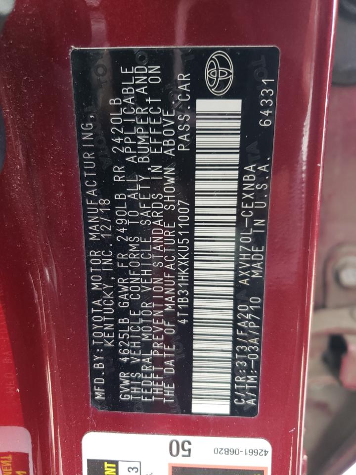 2019 Toyota Camry Le VIN: 4T1B31HKXKU511007 Lot: 80327775