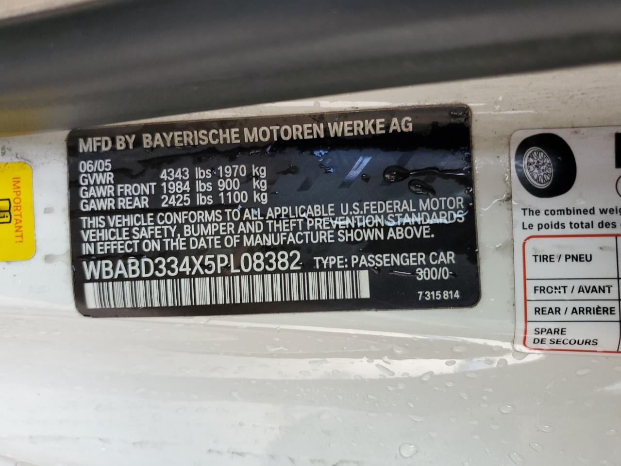 2005 BMW 325 Ci VIN: WBABD334X5PL08382 Lot: 81341565