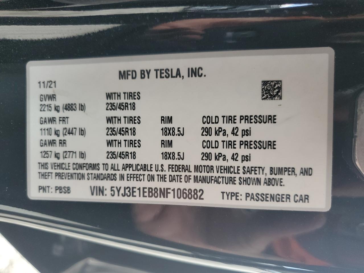 2022 Tesla Model 3 VIN: 5YJ3E1EB8NF106882 Lot: 84178705