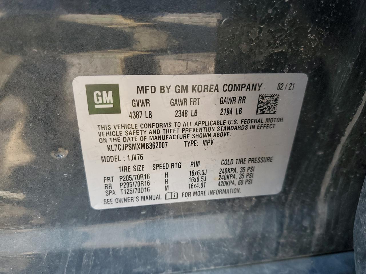 2021 Chevrolet Trax 1Lt VIN: KL7CJPSMXMB362007 Lot: 70659625