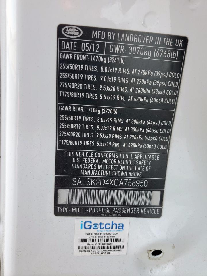 2012 Land Rover Range Rover Sport Hse Luxury VIN: SALSK2D4XCA758950 Lot: 81017635