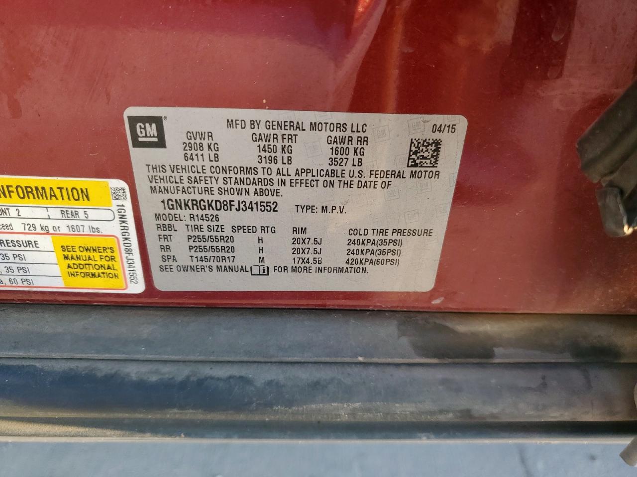 2015 Chevrolet Traverse Lt VIN: 1GNKRGKD8FJ341552 Lot: 81820265